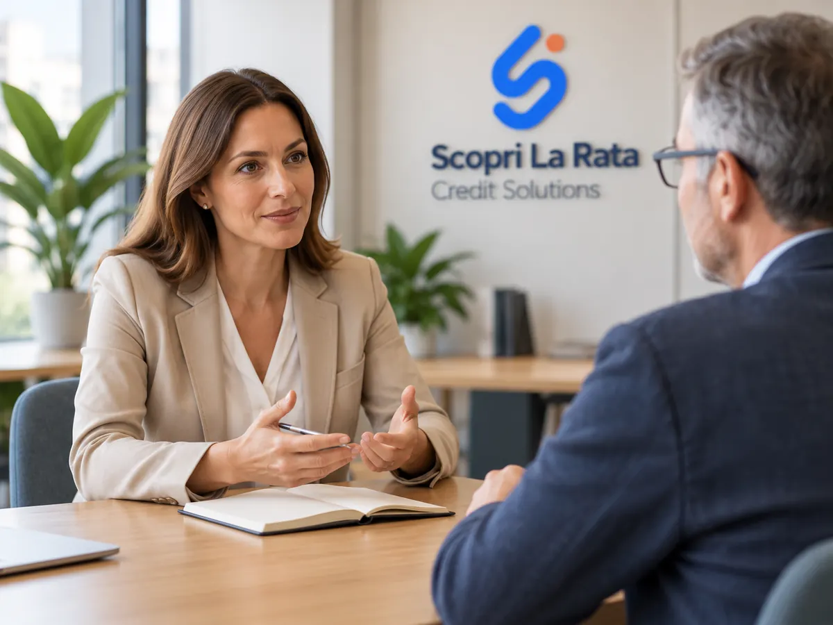 Due persone a colloquio a un tavolo, in un ufficio col marchio Scopri La Rata